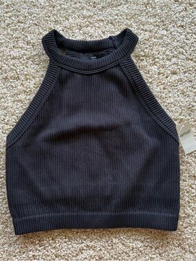 aerie Black Ribbed High-Neck Crop Tank Top Small